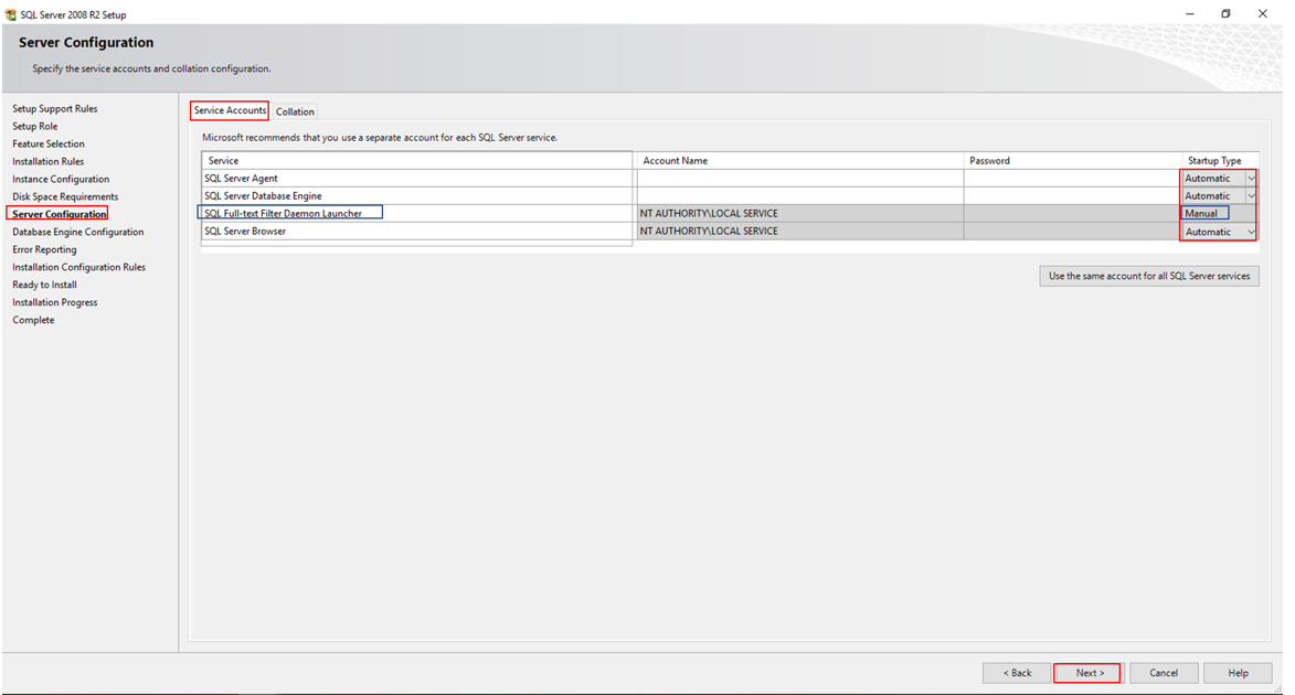  Server Configuration service account