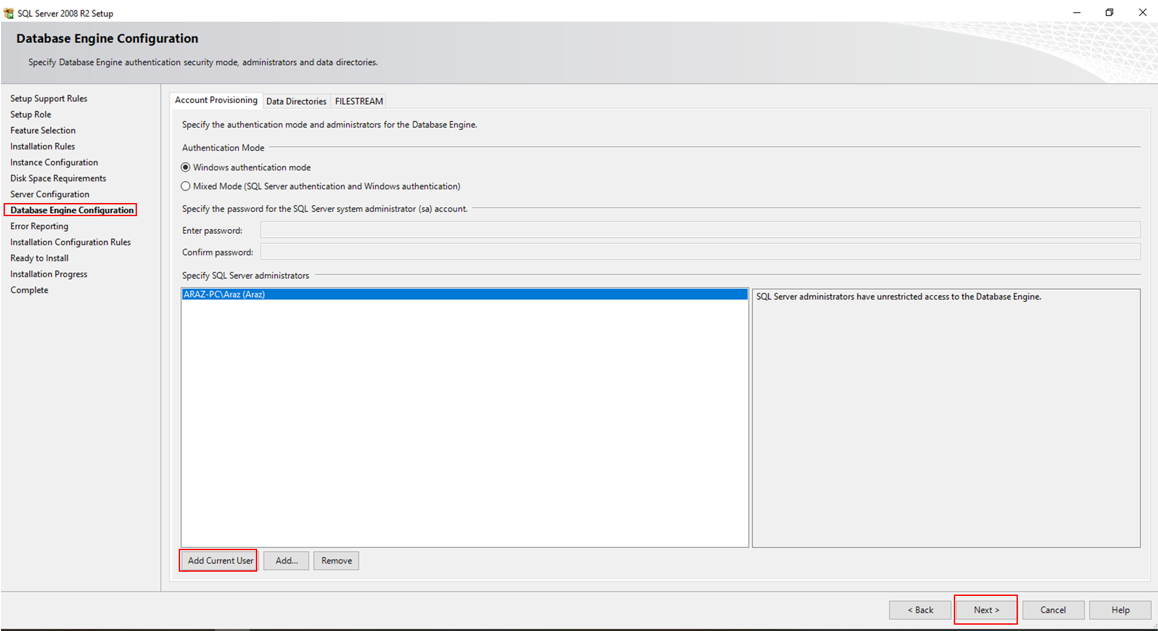 Database Engine Configuration